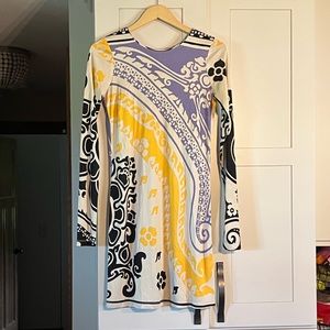 Julie Brown geometric dress, yellow, purple and black, 100% silk, size L